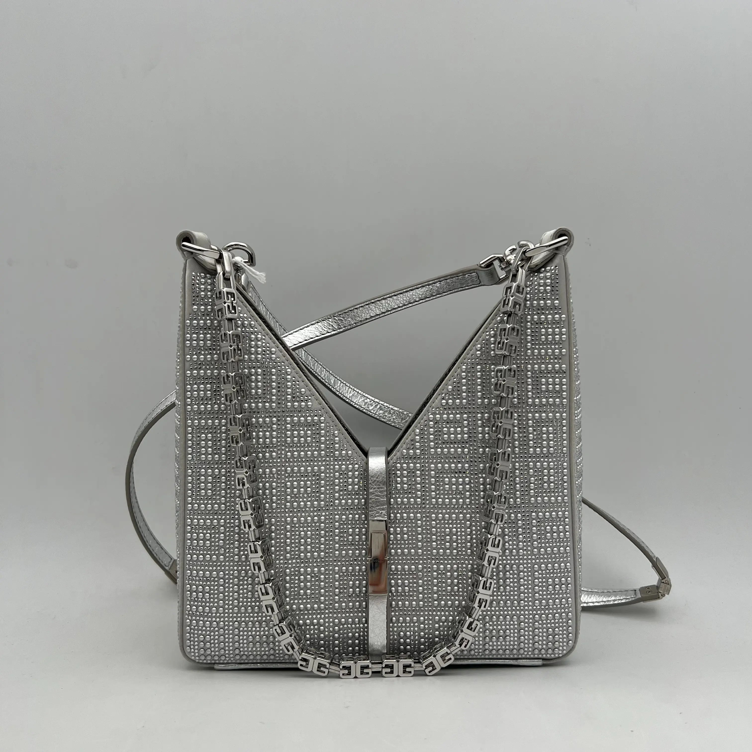 Pre-owned GIVENCHY canvas Crossbody bags Cut‑Out Mini Shoulder Bag Silver Rhinestone JM R0055