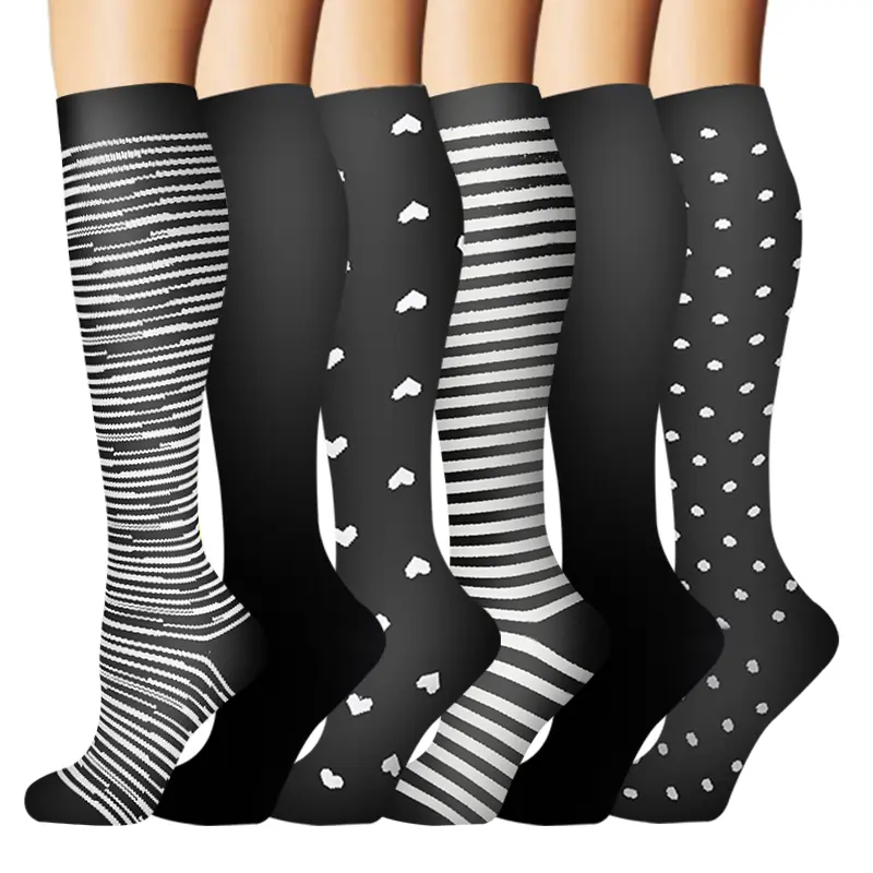 Women's Floral Compression Sock Packs (6-Pack, 15-20mmHg), Heart Pattern Sport Socks with Slimming Support for Work & Activewear