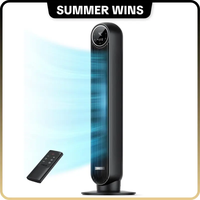 SummerWins|DREO Tower Fan for Bedroom, 2026 Upgraded DC Motor, 28ft/s High Velocity, 20dB Ultra Quiet Standing Fan, 8 Speeds & 4 Modes, 90° Oscillating Bladeless Floor Fan for Indoor Use, with Remote Control, Black