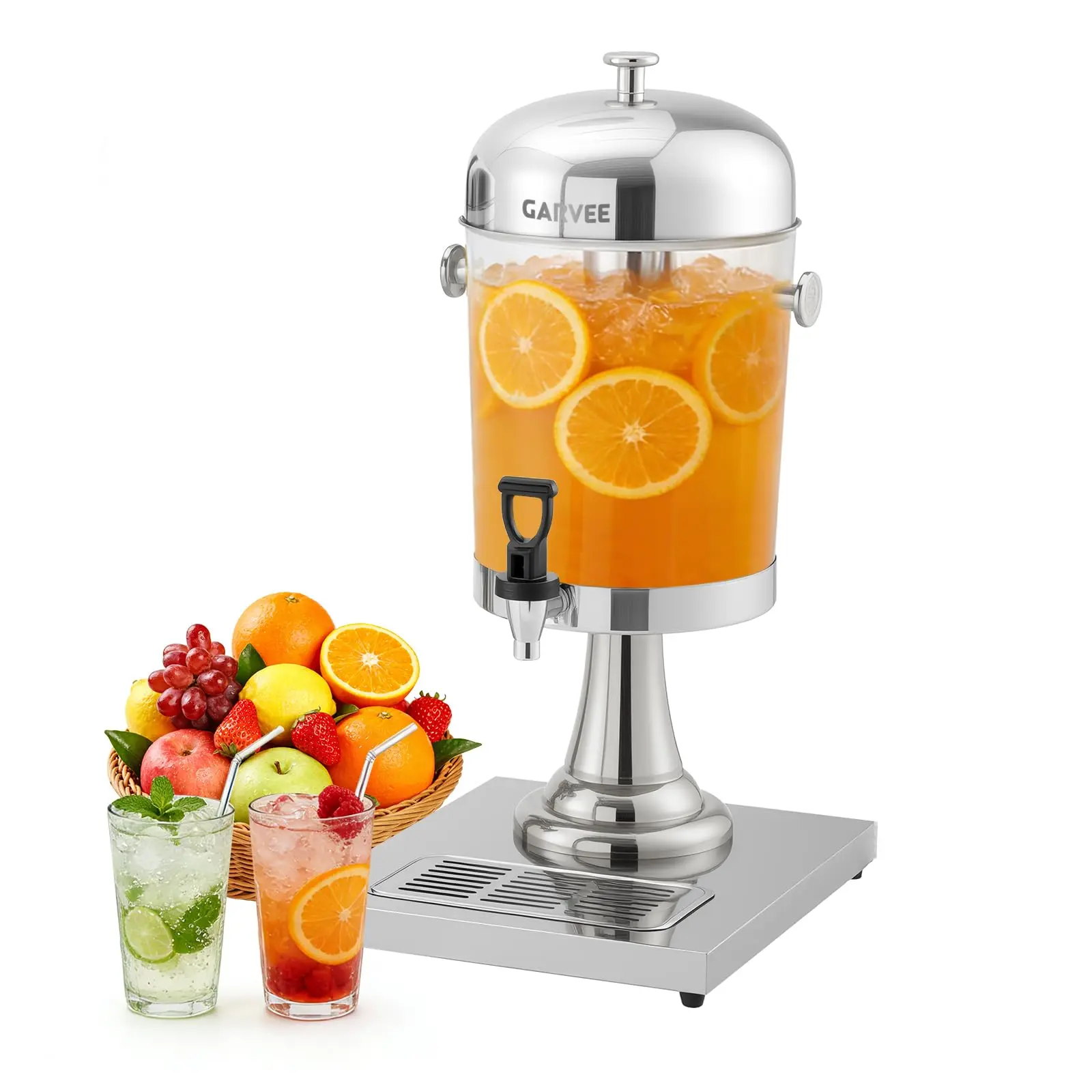 2.2 Gallon Beverage Dispenser with Ice Core, Stainless Steel Cold Drink Dispenser with Stand, Spigot & Drip Tray for Lemonade, Iced Tea, Juice, Parties, Weddings & Events