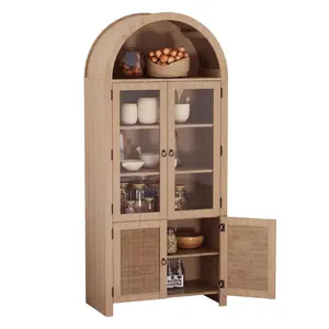 Arched Bookcase with Glass Doors and Rattan Storage, 71" Modern Display Cabinet, 6-Tier Wood Bookshelf with Adjustable Shelves, Tall Library Cabinet for Home Office, Living Room