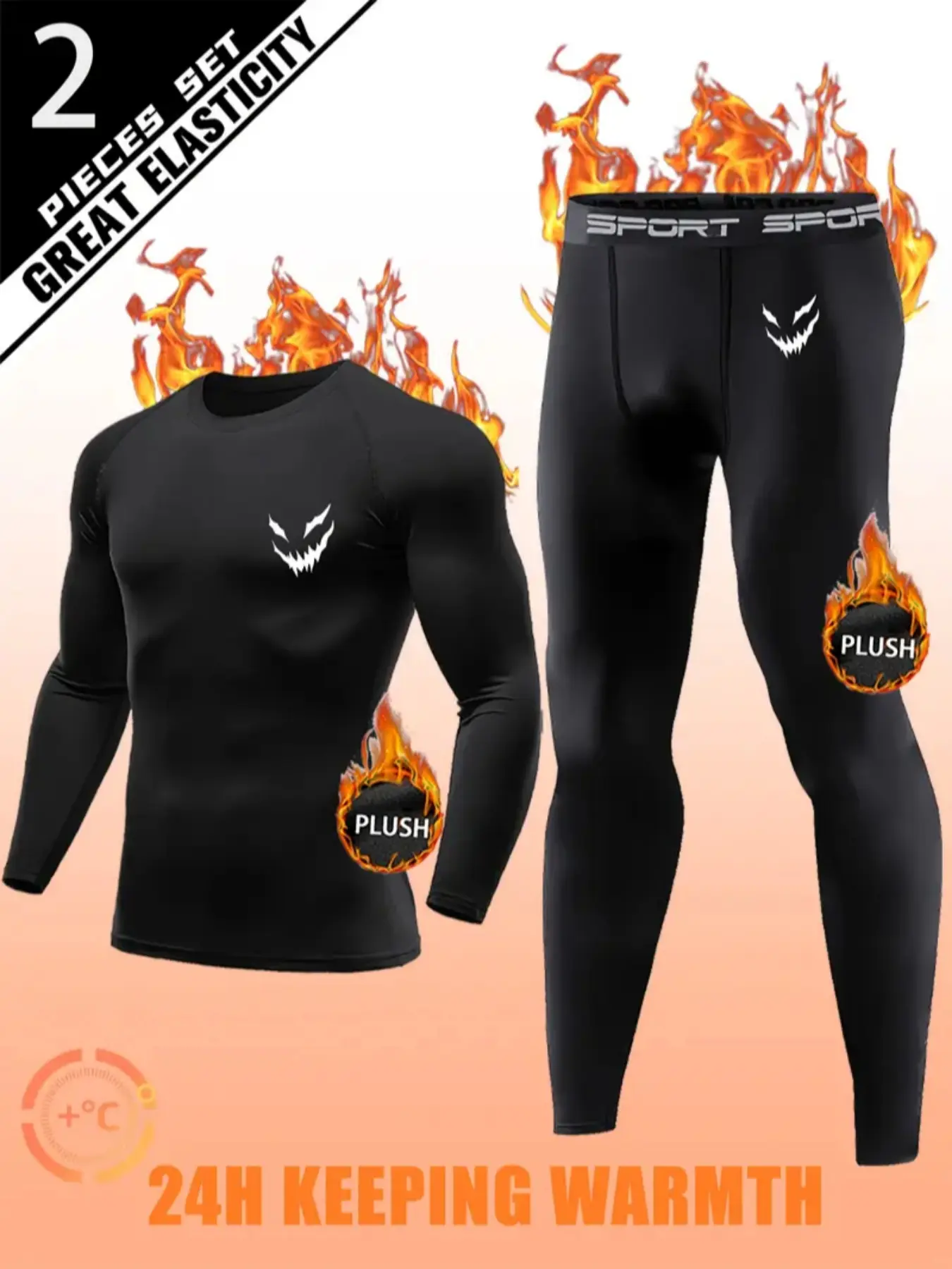 2PCS Men’s Thermal Base Layer Set – Gothic Smile Print & “SPORT” Logo, Fleece-Lined Compression Wear for Skiing, Skating, Hiking & Extreme Cold Weather | 24H Warm Track & Field Underwear