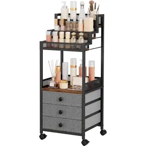 Stand Perfume Cologne Organizer, 13in Rolling Makeup Cart with Drawers, Cosmetics Display for Skin Care Nail Polish Figures Rustic Brown
