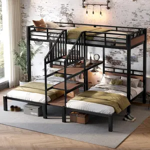 Modern Twin Size Metal Triple Bunk Bed with Storage Shelves and Staircase, Heavy-Duty Bed Frame with Safety Guardrails for Bedroom, Apartment, No Box Spring Needed, Space-Saving Design, Black
