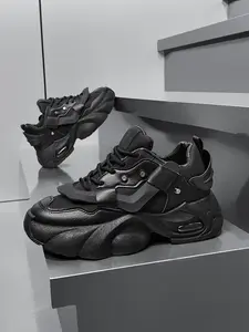 Men's All-Black Air Cushion Mecha Platform Dad Shoes Trainer: Leather Waterproof + Height-Increasing Anti-Slip, High-Street Trendy Sneakers