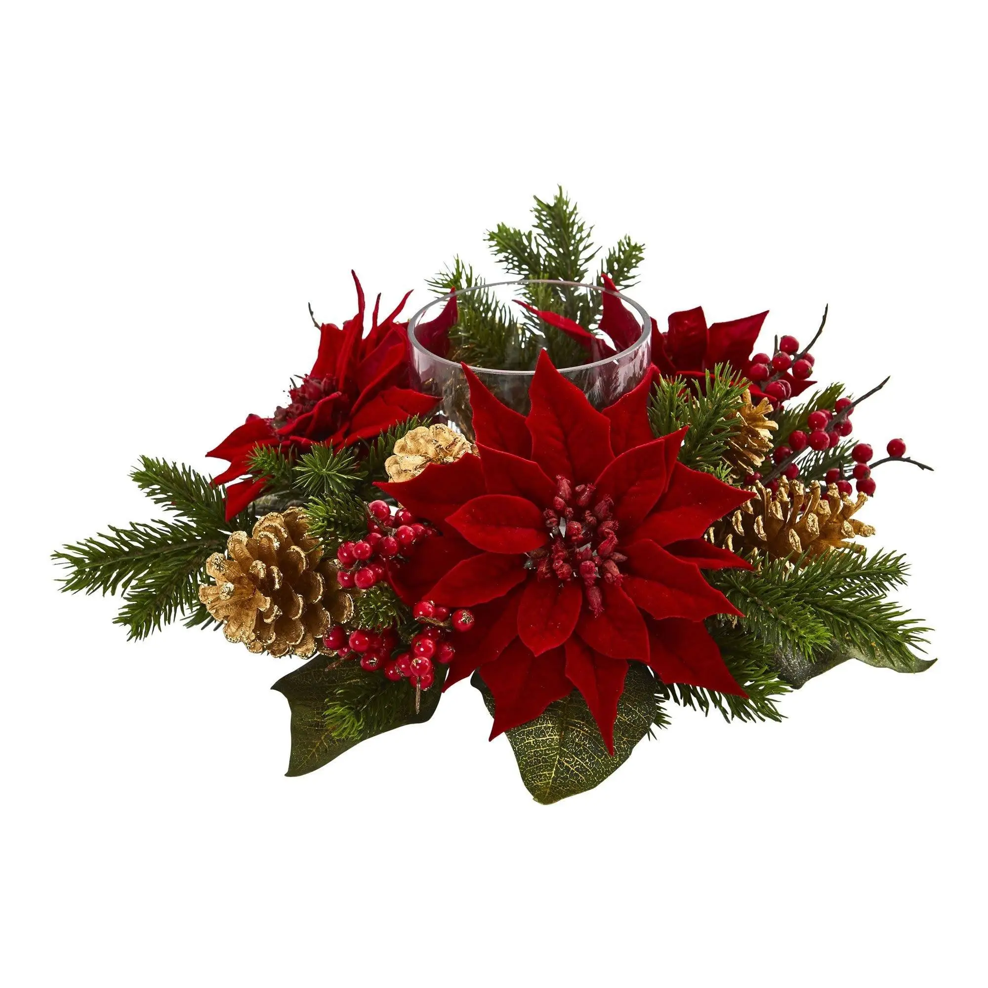 Artificial Poinsettia Flowers, Berry Fruit & Golden Pine Cone Candelabrum Ornaments - Eclectic Home Decor Table Centerpiece, Pillar Accent