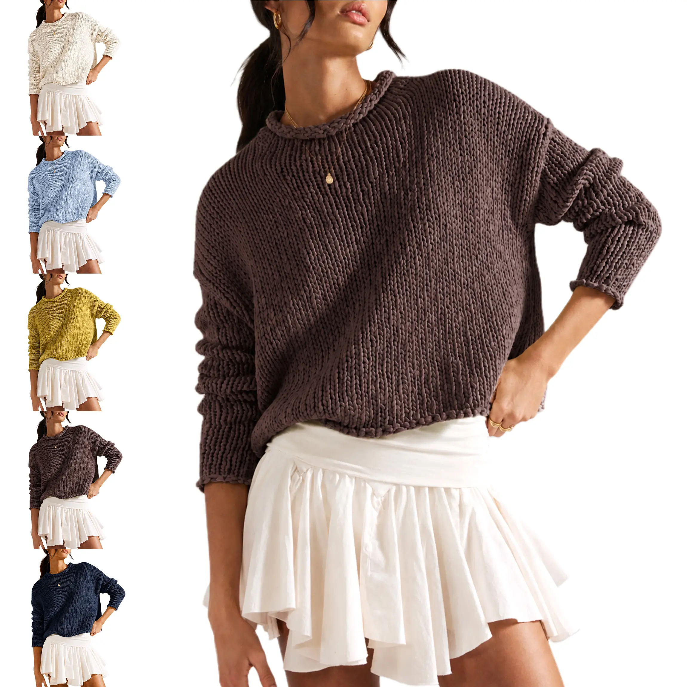 Buenoble Opal Rollneck Knit Sweater for Women Chunky Oversized Cropped Pullover Mock Neck Drop Shoulder Long Sleeve Fall Winter Top