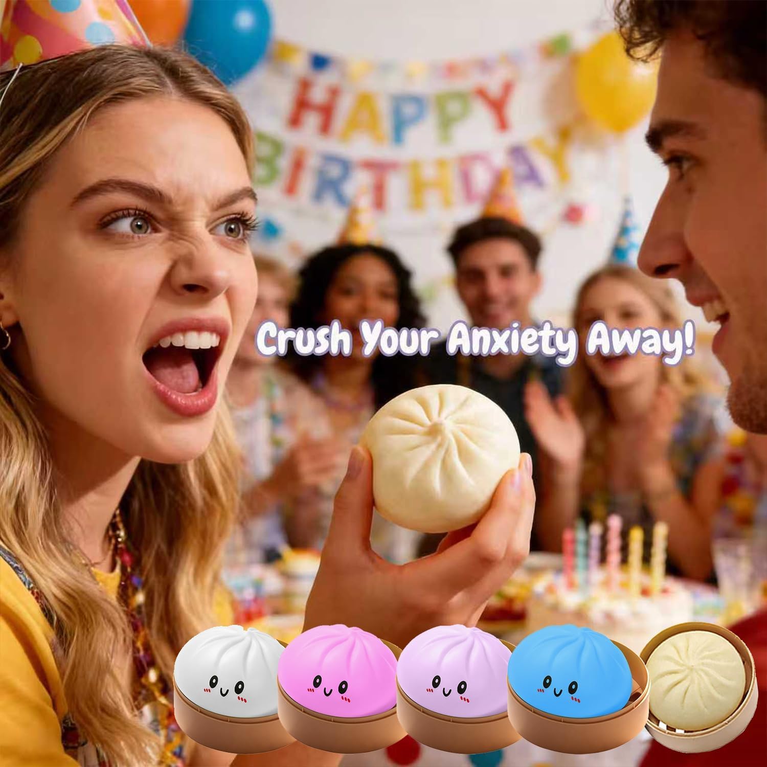 Glitter Dumpling Squishy Mystery ,3.15 inches in diameter,2026 Upgraded Dumplings Squishes for Adults Teens Squeeze Easter Basket Stuffers & Stocking Stuff Smiling