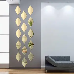 Set of 10 Leaf-Shaped Mirror Wall Stickers, Wall Decal, 15 x 8 cm, 1 mm Thick Plastic Home Decor, Decorative Stylish Reflective PS Mirrors for Modern Interiors, Golden Wall Decoration