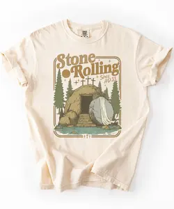 Stone Rolling Christian T-Shirt | He Is Risen Easter Faith Graphic Tee | Vintage Jesus Tomb Shirt | Comfort Colors Religious Gift