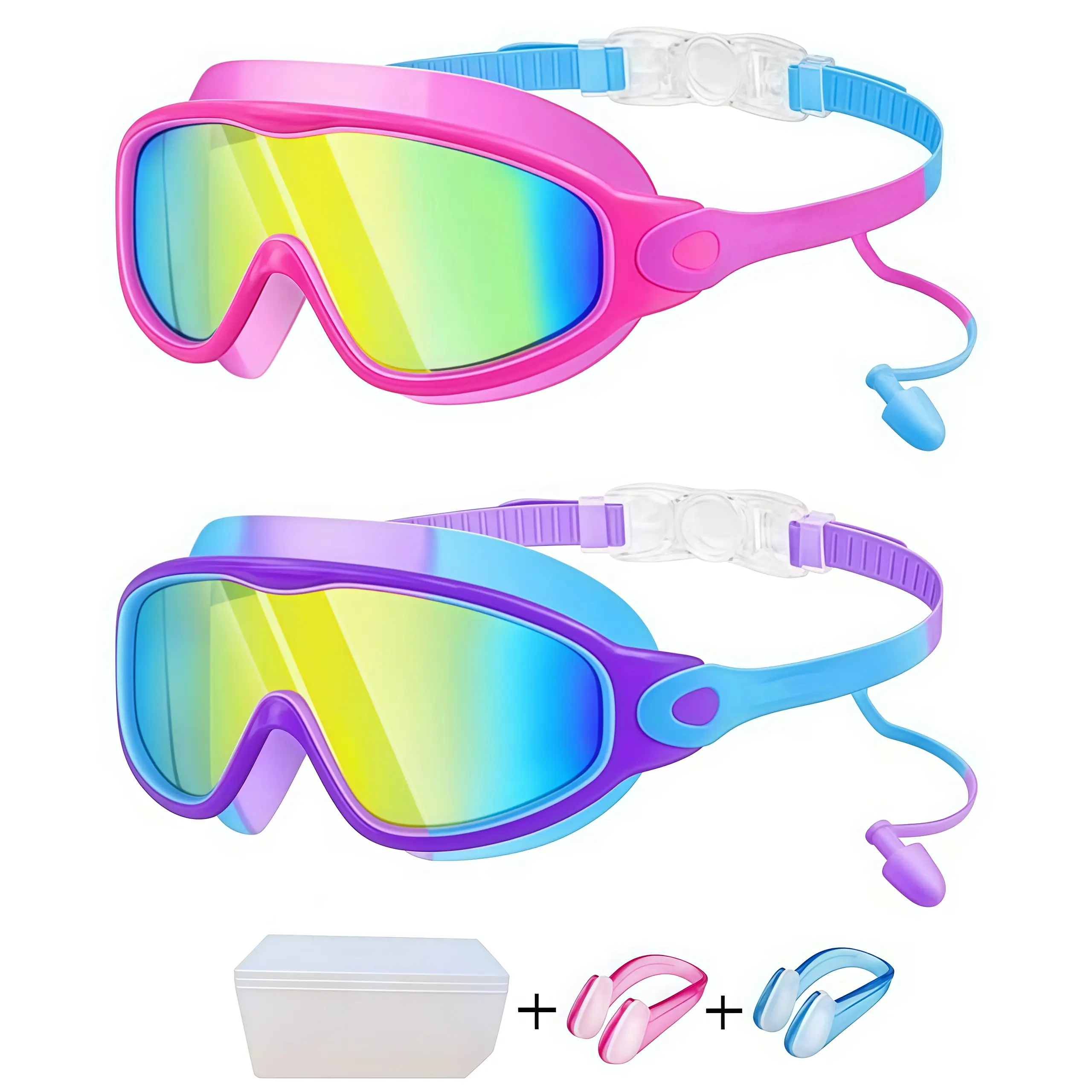 Toddler Swim Goggles 2-Pack Swimming Accessories Set - Anti-Fog Lens, UV-Protective, Waterproof, Leakproof, Leak-Free Seal with Ear Plugs, Nose Clips for Pool Use, Birthdays
