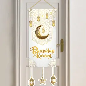 1Pcs Ramadan Decoration Background Hanging Ornament, Eid Mubarak Wall Flag, Welcome Door Banner with Tassels, Moon Star Decorations, Home Decor