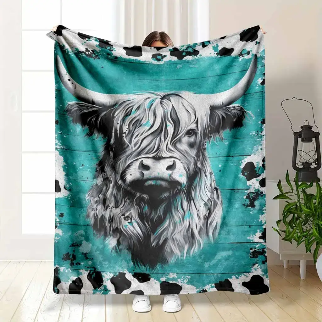 Highland Cow Flannel Blanket Turquoise Abstract Animal Print Design Soft Warm Lightweight Cozy Throw for Bedroom Living Room Sofa Home Office Gift Decor summerwins