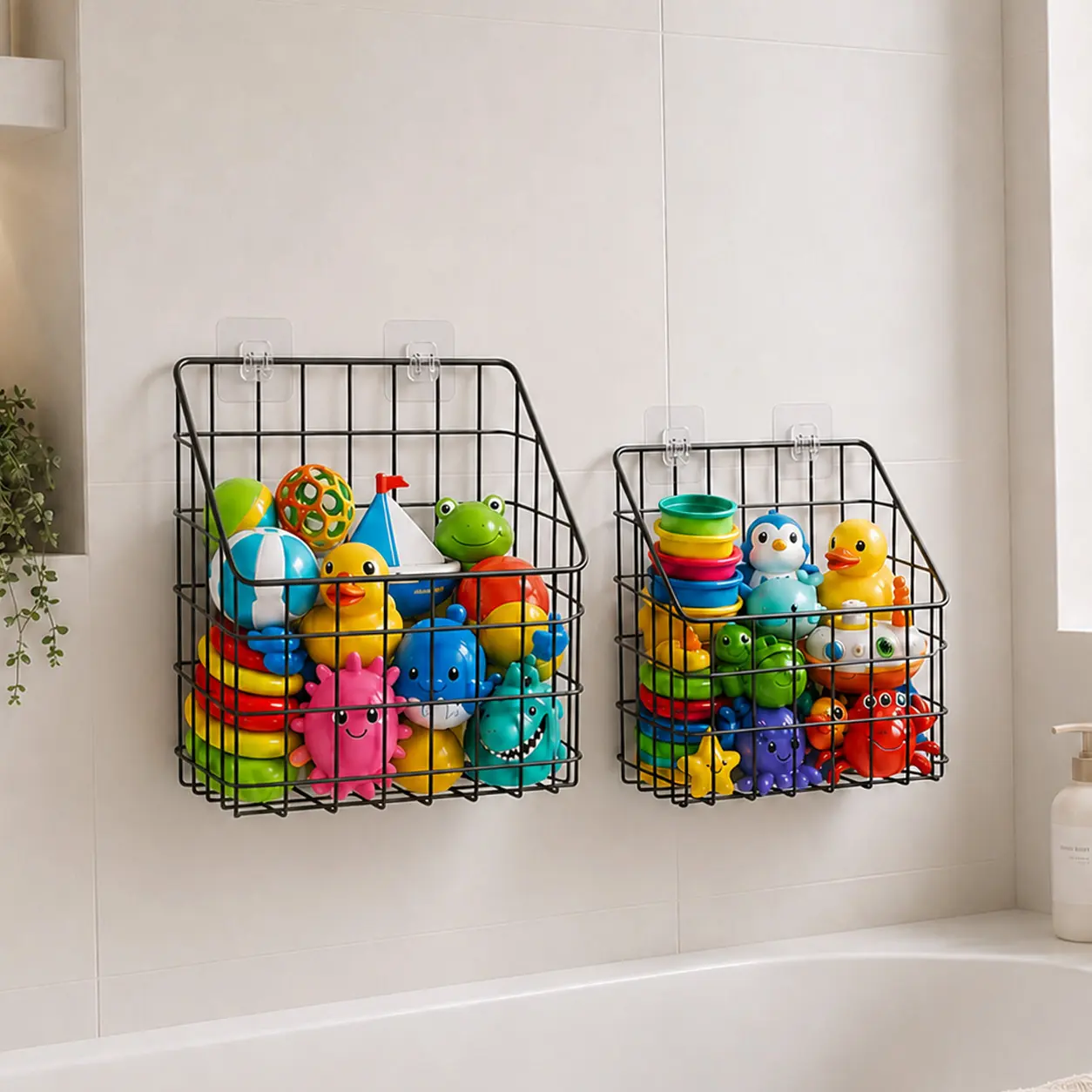 Greentainer 2-Pack Aesthetic Bath Toy Storage Organizer - Cute Green Frog & Minimalist Black/White Steel Wire Shower Caddy, Rustproof Rectangle Storage Baskets with Adhesive & Anti-Fall Guardrail for Organizing Toys & Toiletries, Two Piece Set, Large/Medi