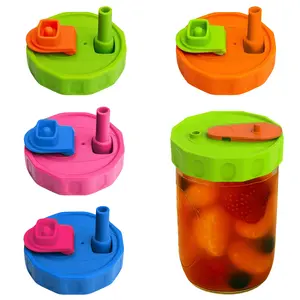 YATHINDY Four-Pack Jar Sealing Lids Leak-Proof Food-Grade Silicone Retractable Straw for Kitchen Jam Jars Fruit Canning Pickled Vegetable Storage