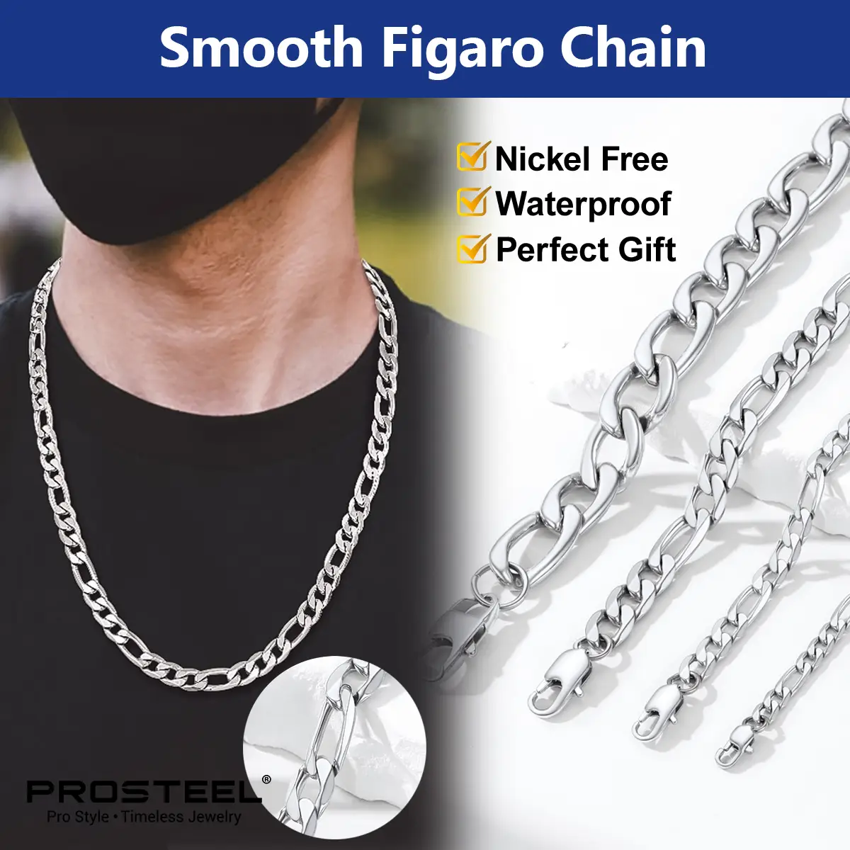 PROSTEEL Smooth Figaro Chain Necklace Stainless Steel Chains Length 14-30 Inches Width 4mm-13mm Hip Hop Jewelry Unisex For Men Women Gift Box