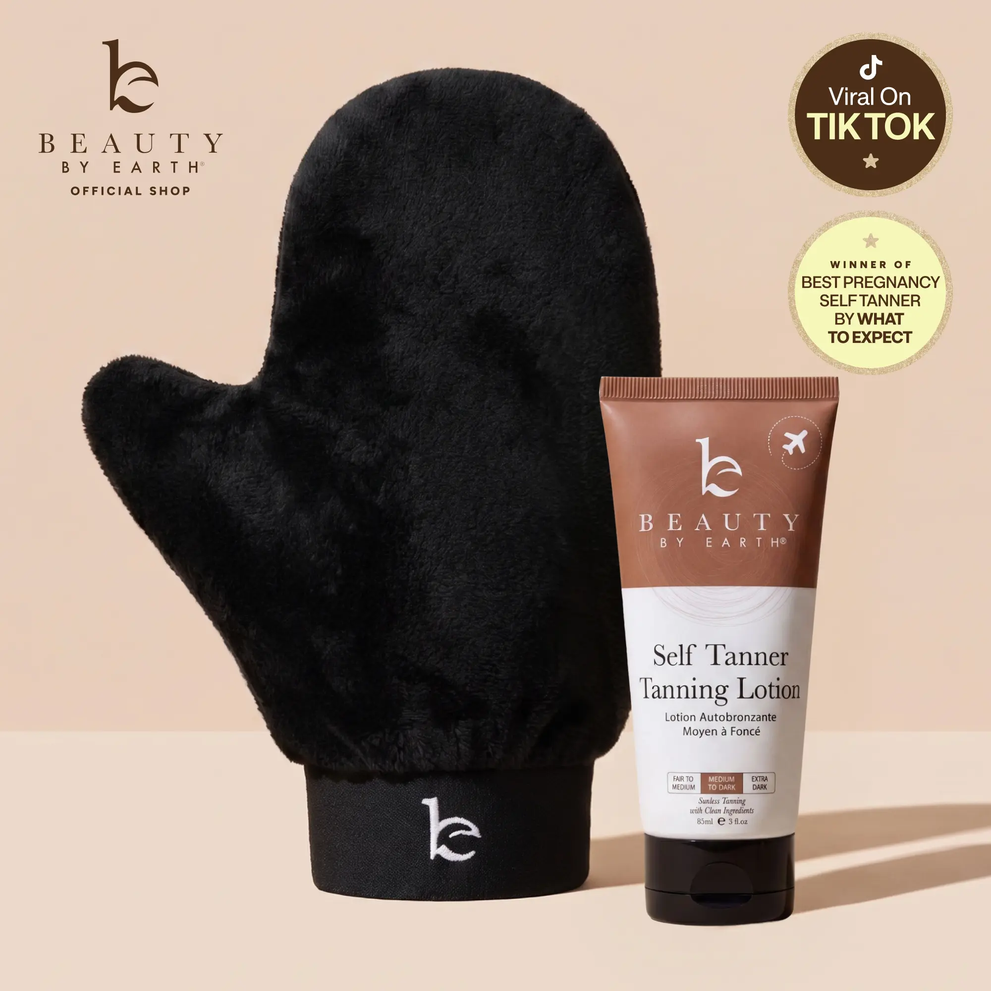Beauty by Earth Self Tanner Lotion Discovery Kit - Sunless Tanning Travel Size Lotion 85ml with Applicator Mitt for First-Timers, Sensitive Skin Streak-Free Bronze Moisturizing Tan with Aloe Vera
