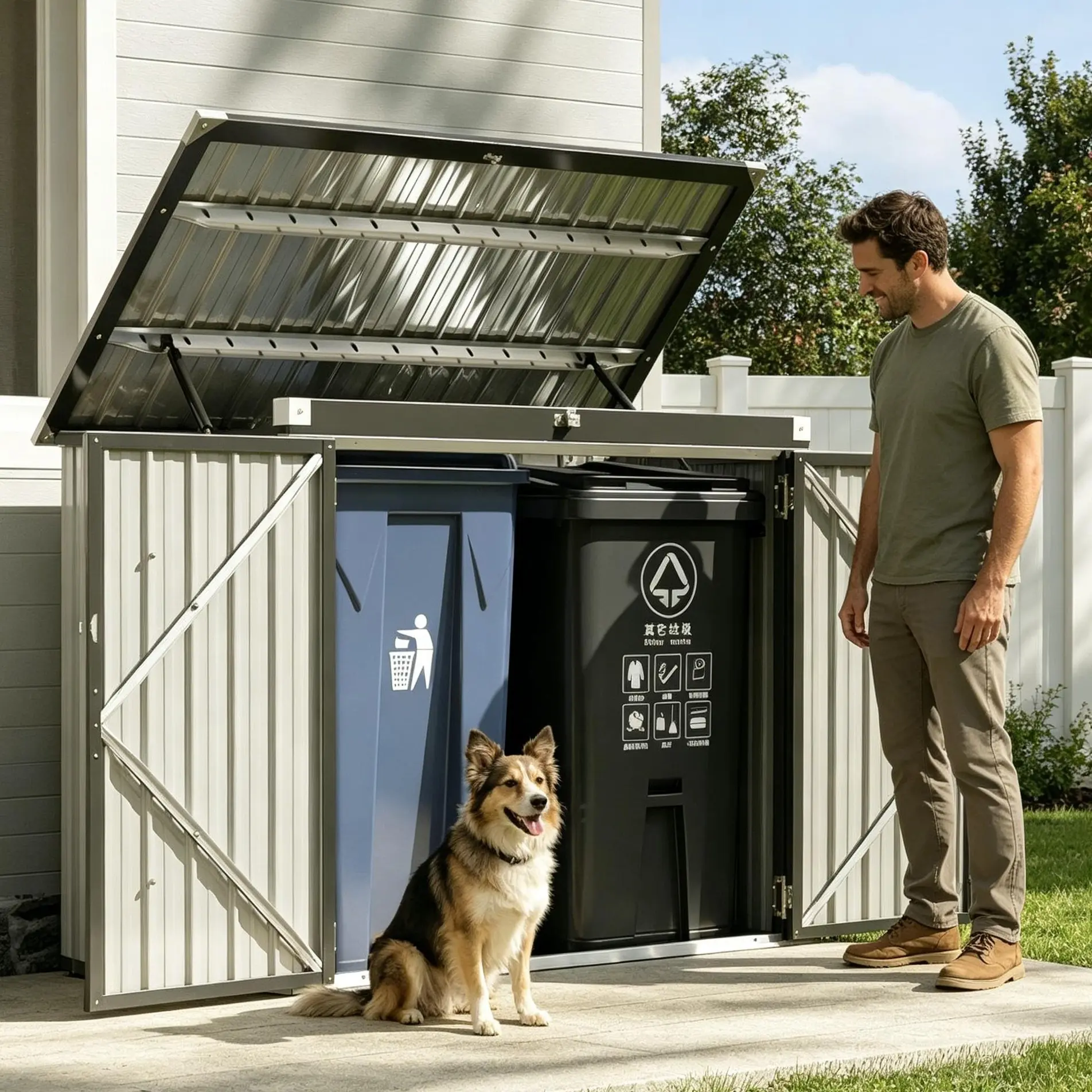 Aoxun Outdoor Heavy-Duty Steel Storage Shed - Waterproof Home Organizing Outdoor Shelter, Chain Lid Trash Can Enclosure, Fits 2 Bins, Holds Generator/Garden Tools, 30-Day Happy Home Guarantee, Instructions+Tools Included