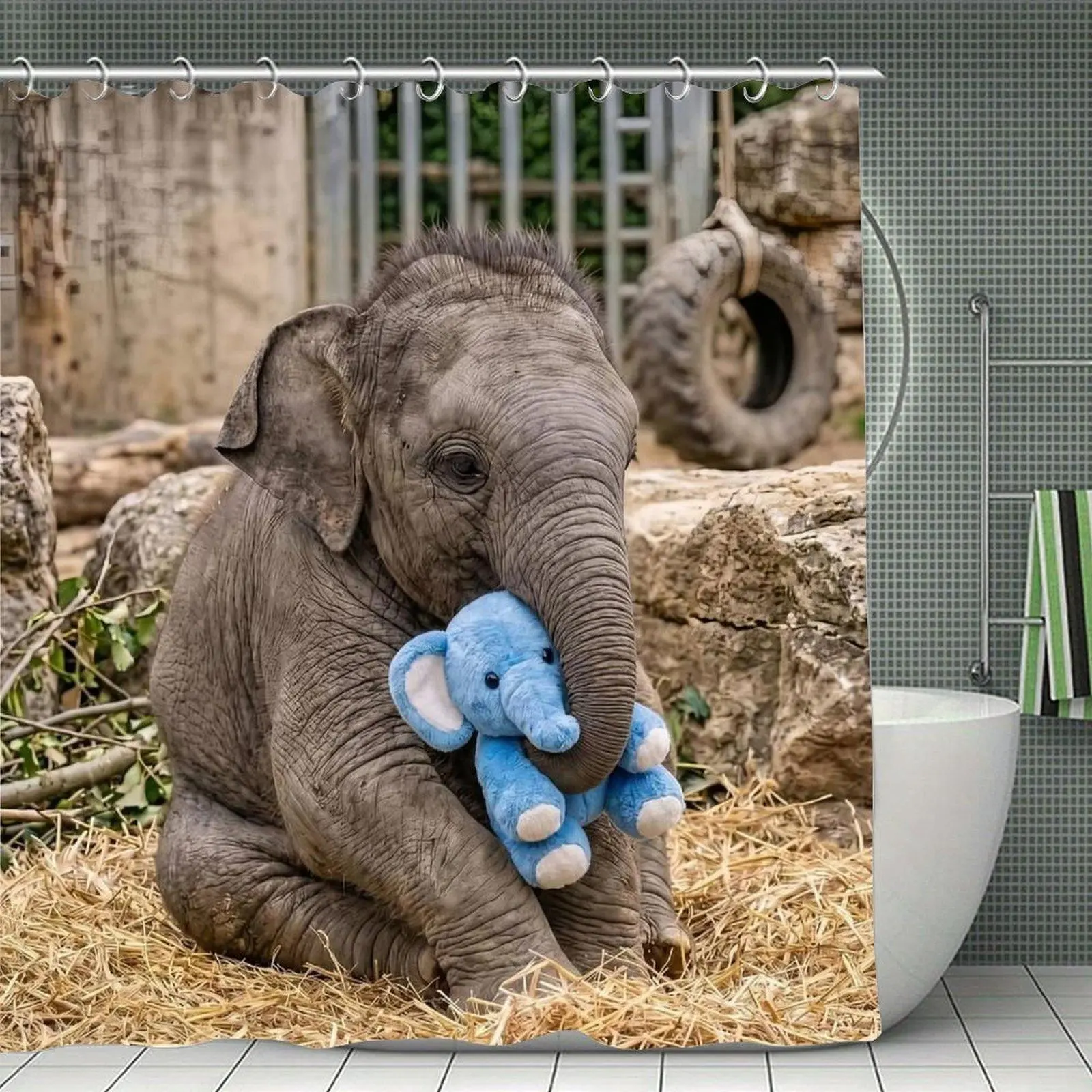 Cute Baby Elephant Hugging Blue Stuffed Elephant Plush Toy Wildlife Waterproof Shower Curtain
