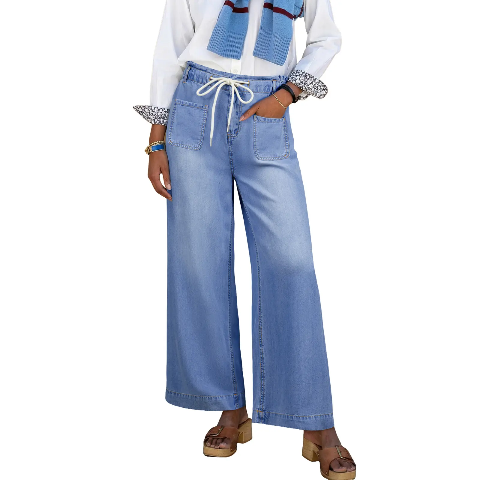 EVALESS Women's High Waisted Wide Leg Jeans - Summer Lightweight Soft Adjustable Drawstring Denim Trousers, Basic Everyday Baggy Bottoms, Trouser, Pockets, Baggy Fit Jeans, Relaxed Straight Jeans
