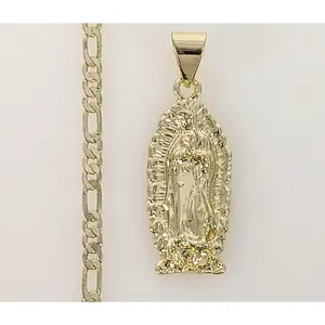 Plated Virgin Mary 3mm Figaro Chain Necklace