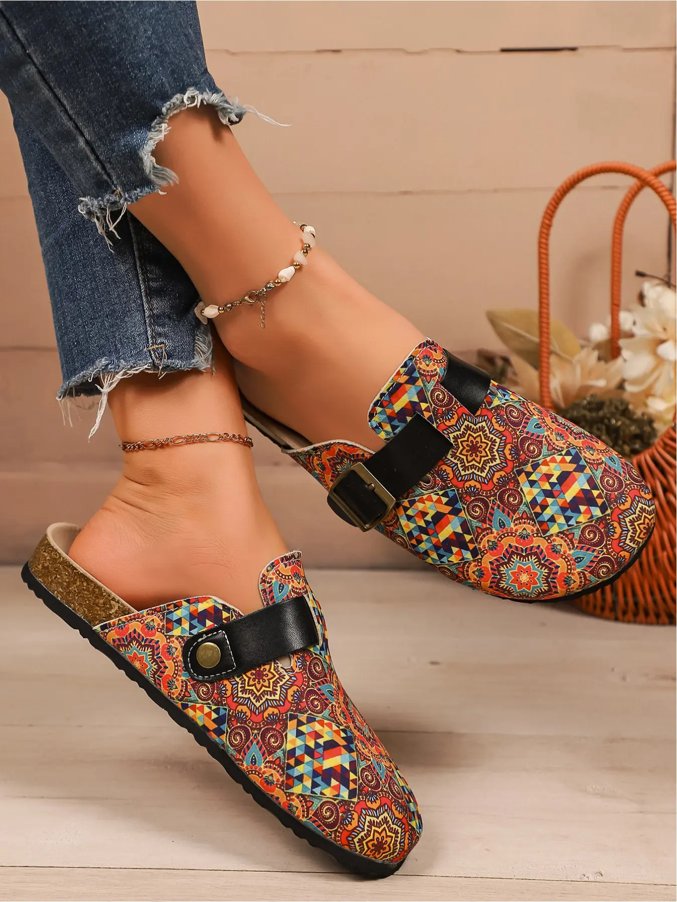 Summer New Vintage Printed Baotou Single Shoes for Women with Cork Bottom Buckle and Half Drag Casual Versatile Outerwear Women's Shoes Casual Clogs Mules
