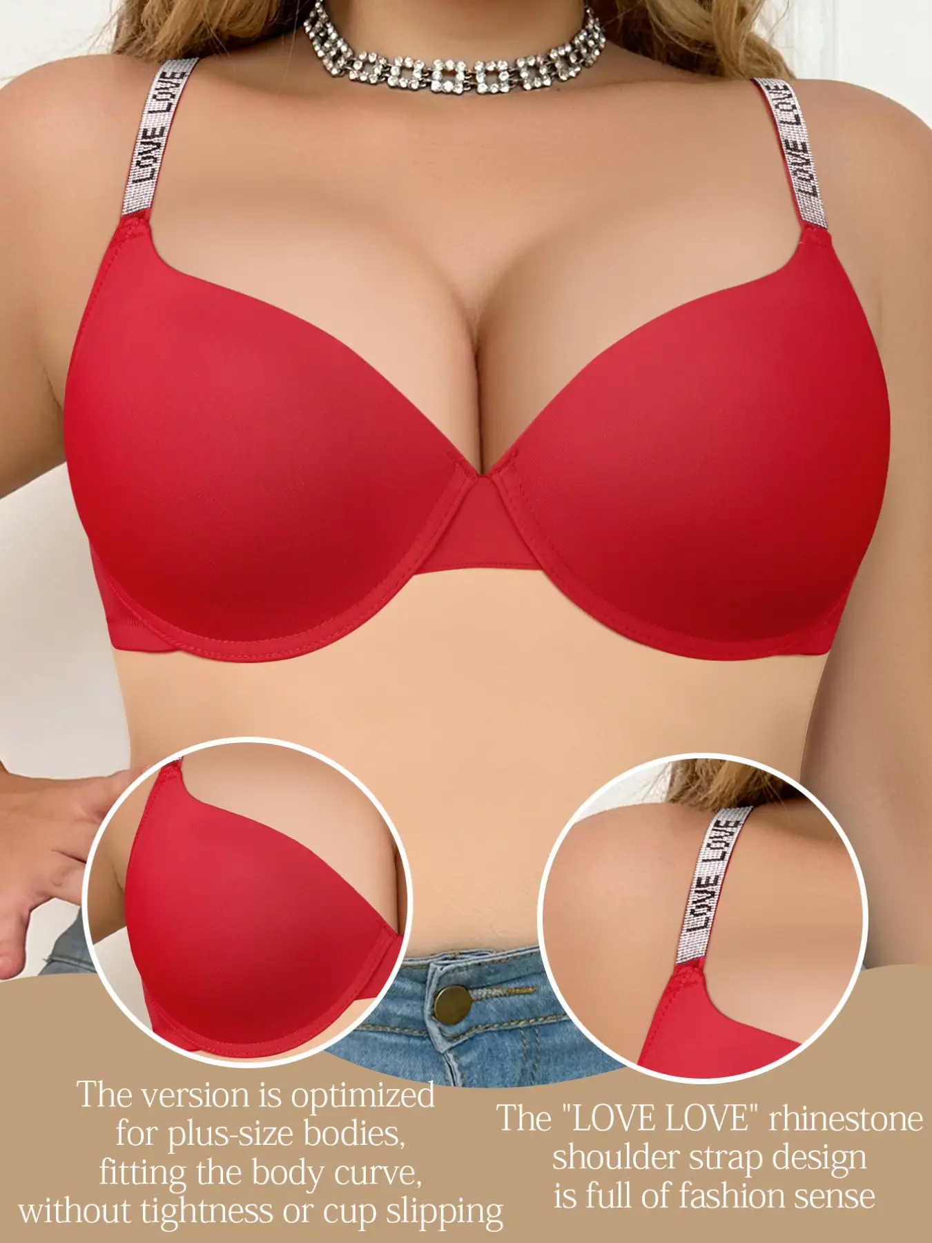 Women's Plus Size Underwire Push-Up Seamless T-Shirt Bra - Rhinestone Detail Underwire, Rhinestone Embellishment, Anti-Sag, Adjustable Straps, Solid Color Skin-Fit, Comfort Breathable | Valentine's Day Gift, Bridal, Everyday Wear Elegant Breathable Bra