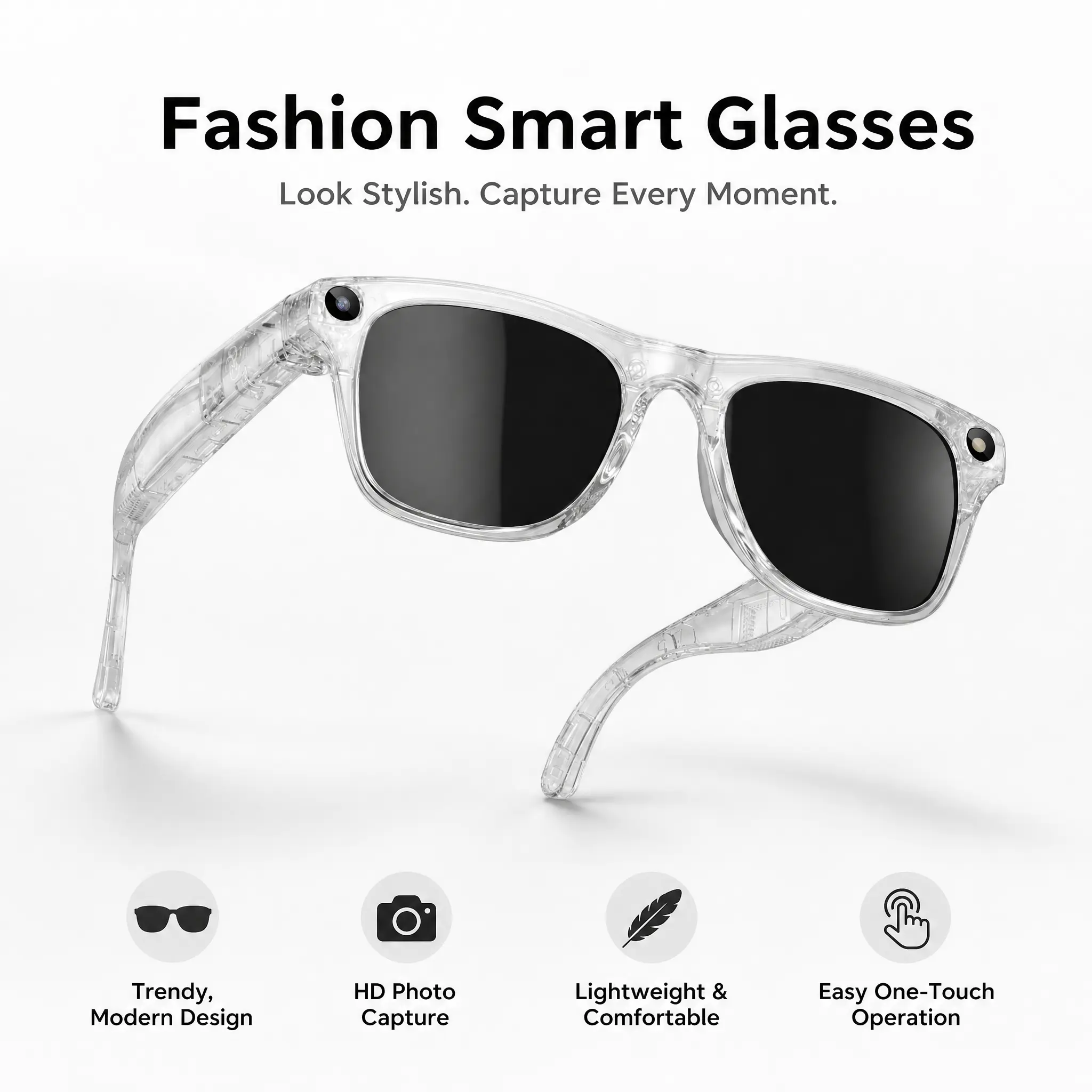 Smart AI hands-free photography glasses, open speakers, music playback, 260mAh battery, touch button controls, perfect for travel and outdoor adventures, supports 160+ languages, real-time translation, Bluetooth wireless, UV protection, Easter gift