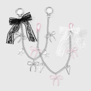 1 piece Instagram-style creative fashion accessory—versatile, stylish, and eye‑catching couple design; black/white lace trim with silver chain, star, heart, and bow decorations; DIY bag charm/hanging ornament; suitable for women’s everyday wear; ideal as