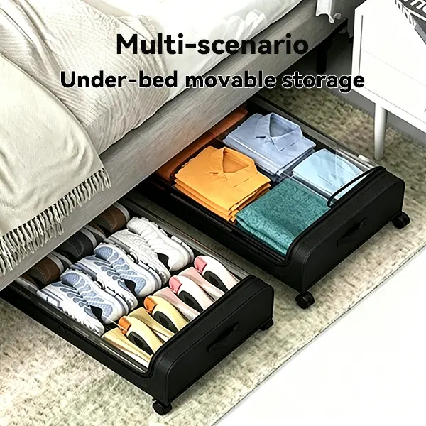 Rolling Under Bed Storage Organizer with silent wheels. Thickened transparent PVC is dustproof, moisture-resistant and durable. It can be used as an underbed drawer to store sundries, suitable for multiple scenarios.