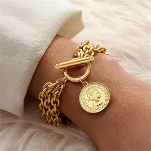 12K Gold Three-Layer Bracelet with Rotatable Coin Pendant, Unisex, Fashion Jewelry, Elegant Design