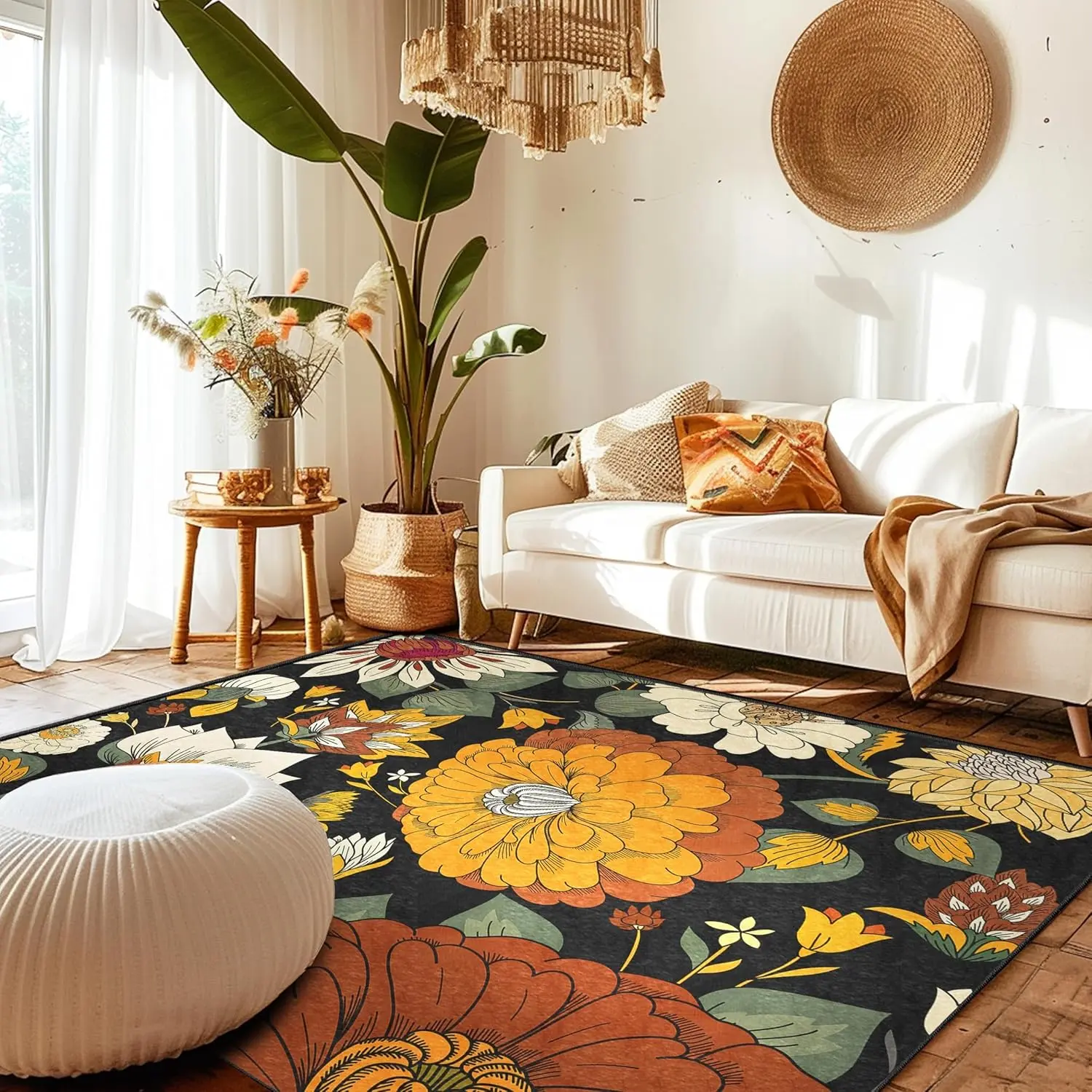 Tyrot Boho Floral Washable Area Rug - Non-Slip, Ultra Soft Mid-Century Modern Room Decor Botanical Carpet for Living Room, Bedroom | Plant-Themed Farmhouse Accent Rug summerwins, Botanical Area Rugs