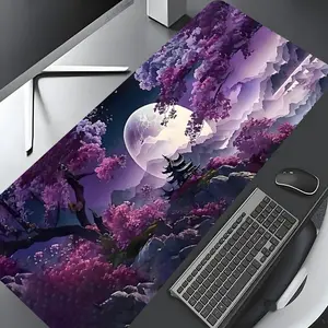 Purple Moonlit Temple Fantasy Oriental Art Large Gaming Mouse Pad, Gaming Deskmat, Computer Desk Pad, Stylish Desk Protector with Non-Slip Rubber, Multi-Size for Laptop & Desktop Use, Desktop Accessory, Gaming Desk Mat