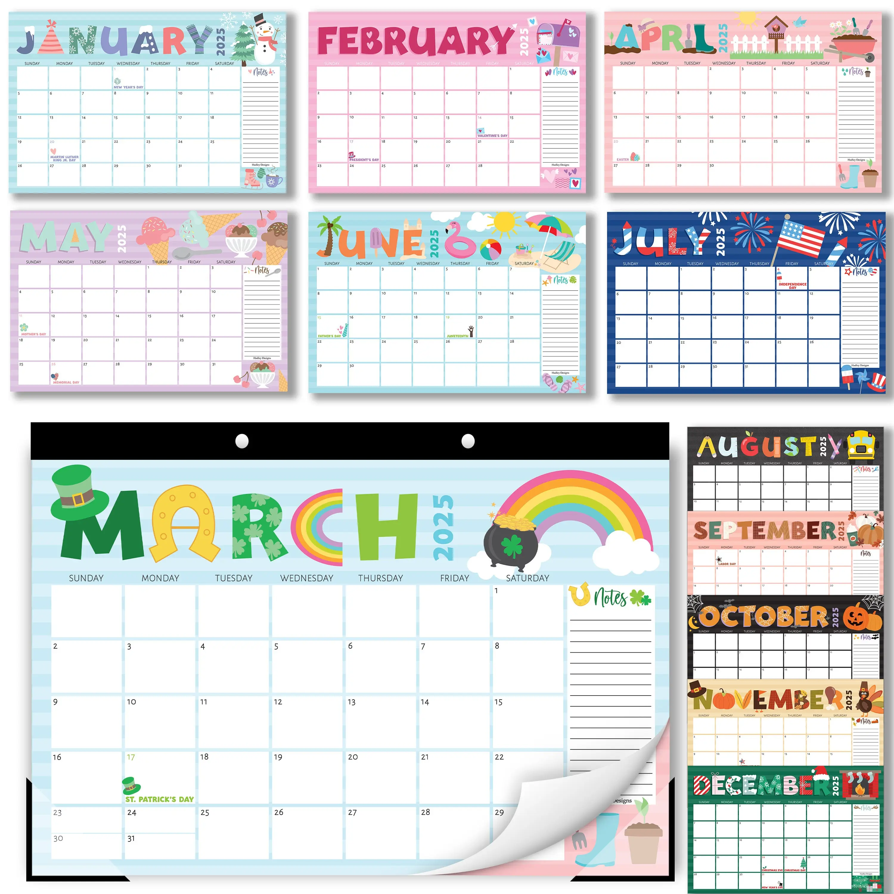 Hadley Designs Doodle Typography Large Desk Calendar 2025-2026 18-Month Monthly Planner 11x17 Inches USA Design Perforated Paper Hanging Holes Corner