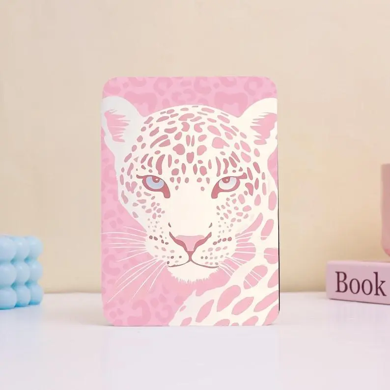 Pink Leopard Sketch Kindle Case With Hand Strap, Cover for Paperwhite 12th 7”, Kindle 2024, Fire 7, Kobo Clara BW Gift