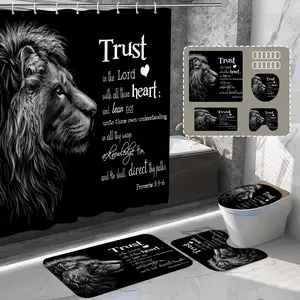 4Pcs Lion Shower Curtain Set, Bathroom Decor Set with Motivational Text, Waterproof Shower Curtain, Bath Mat, U-shaped Mat, Toilet Seat Mat Lord Faith