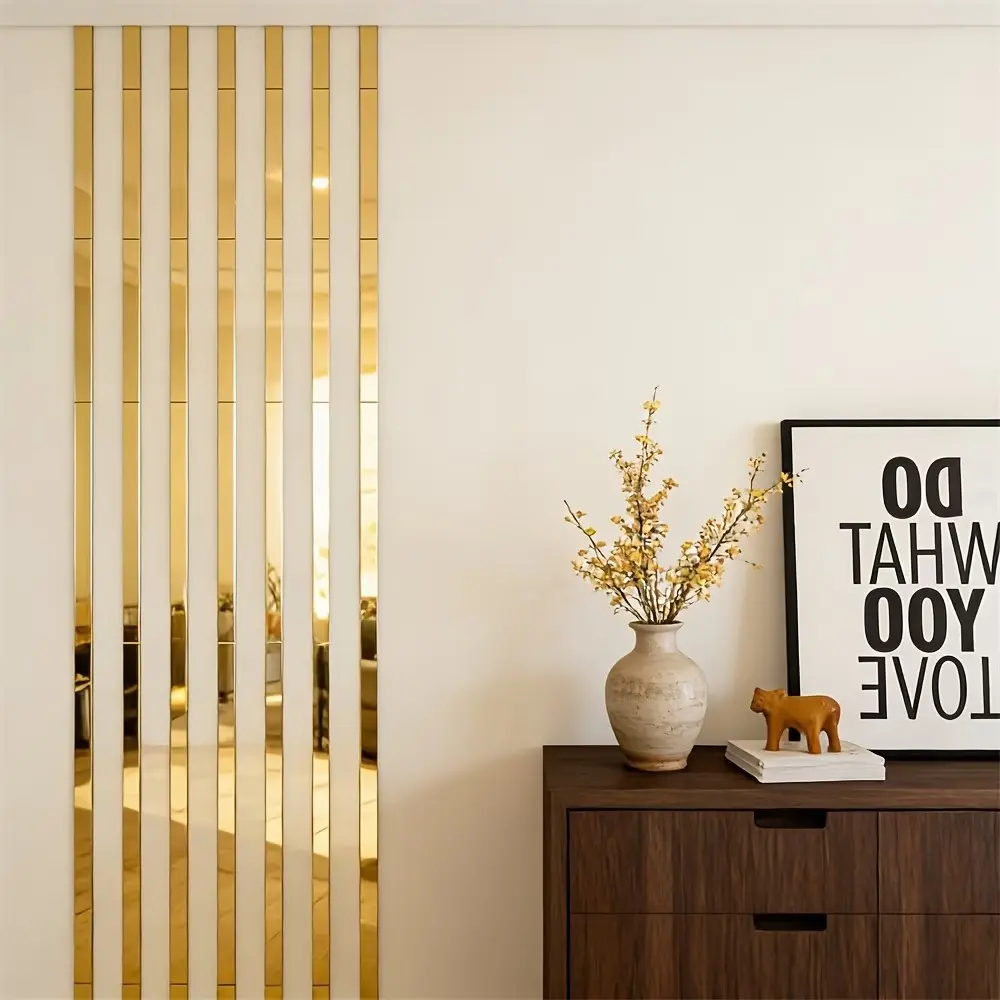 10 pieces of gold long acrylic mirror wall sticker, self-adhesive decorative strip, size 5X50cm, easy to install, no need for drilling, suitable for fashionable home decor of living rooms, bedrooms, ceiling frames, and TV background walls Decoration Items