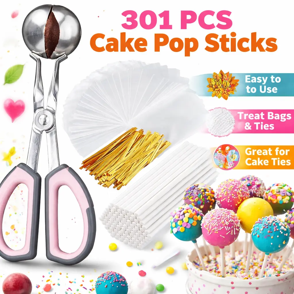 301PCS Cake Pop Making Kit – 100 Sticks + 100 Bags + 100 Twist Ties + 1 Mold Roller – Perfect for Cake Pops, Lollipops, Candies, Chocolates, Cookies