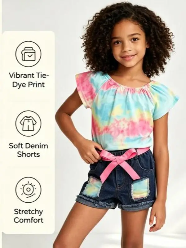 2Pcs Toddlers Summer Outfits, Colorful O-Neck Short Sleeves T-Shirt + Elastic Waist Shorts for Little Girls, 1-6 Years