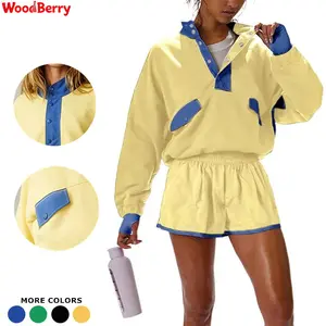 WoodBerry Women's Two Piece Workout Short Sets Summer Lounge Sweatsuits Long Sleeve Athletic Outfits Pullover Sweatshirt and Shorts Travel Tracksuit with Pockets summerwins summerwins