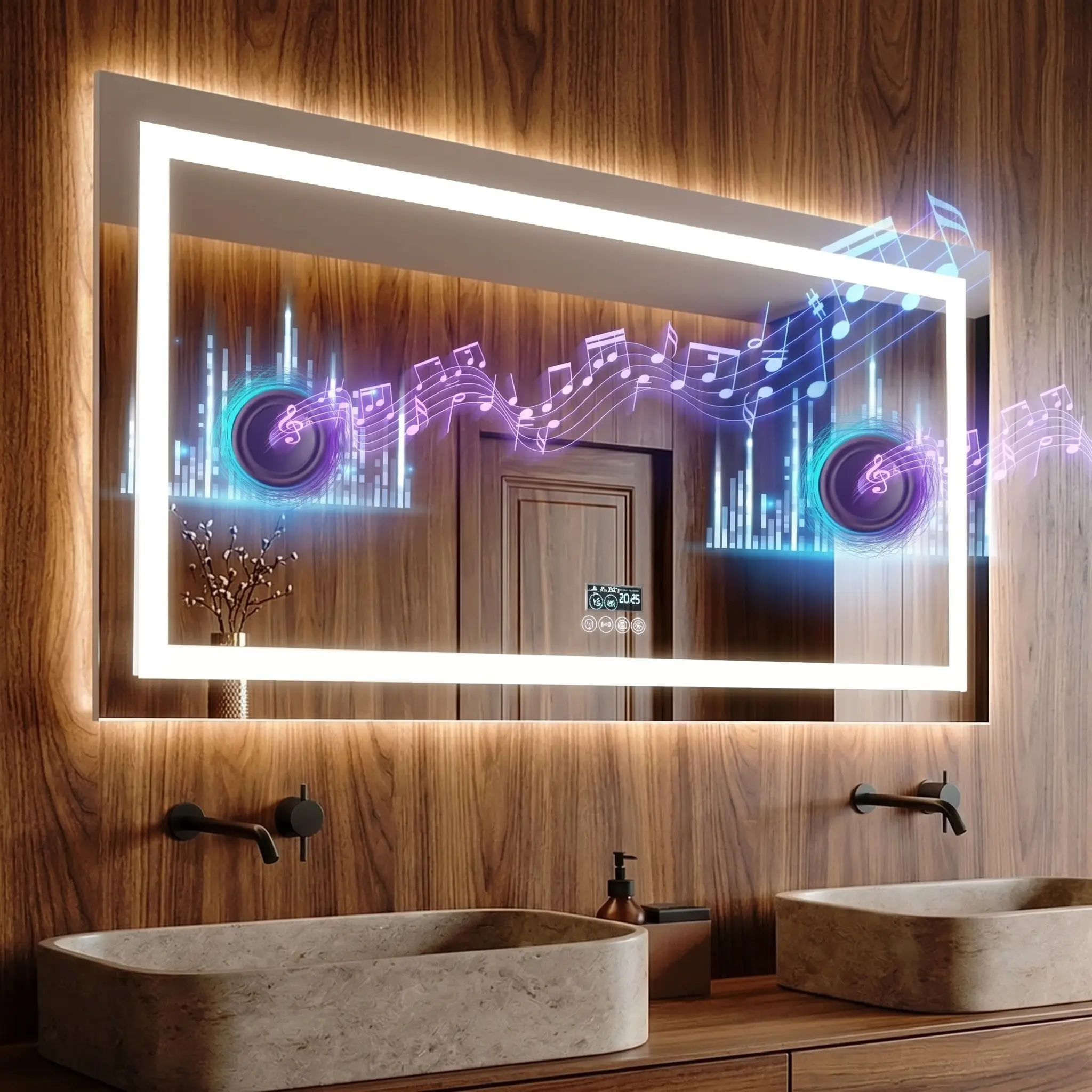 Rectangle LED Bathroom Mirror, Wall Vanity Mirror with Bluetooth Speaker, Date/Time/Temp Display, Dimmable Front-Lit & Backlight, Anti-Fog Smart Mirror for Bathroom Decor