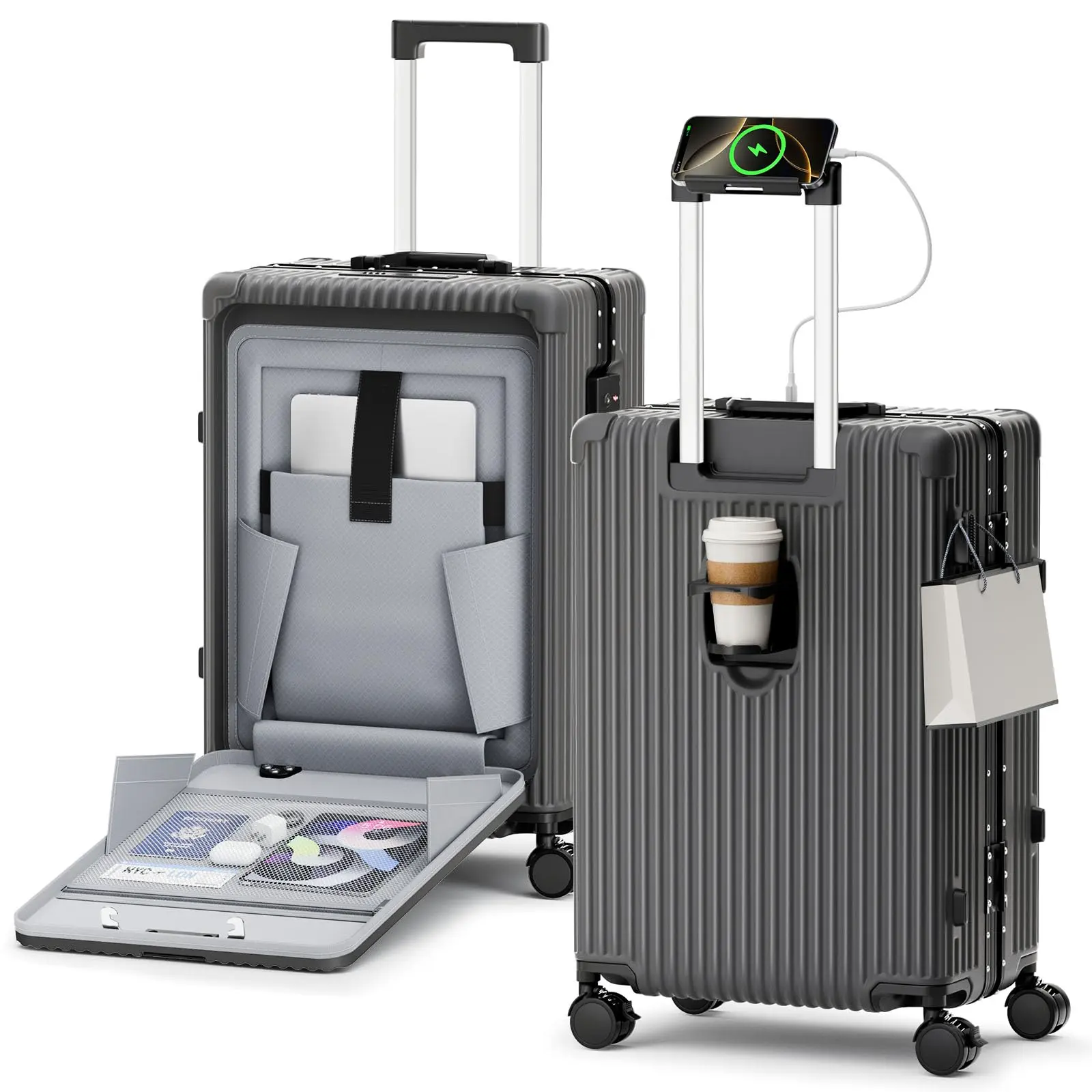 Carry on Luggage,  Aluminum Frame, Zipperless Suitcase with Front Pocket, Gray, 20 inch Airline Approved, 360°Spinner Wheels with Brake, TSA Lock, PC, Cup and Phone Holder, Charger Port, Side Hook