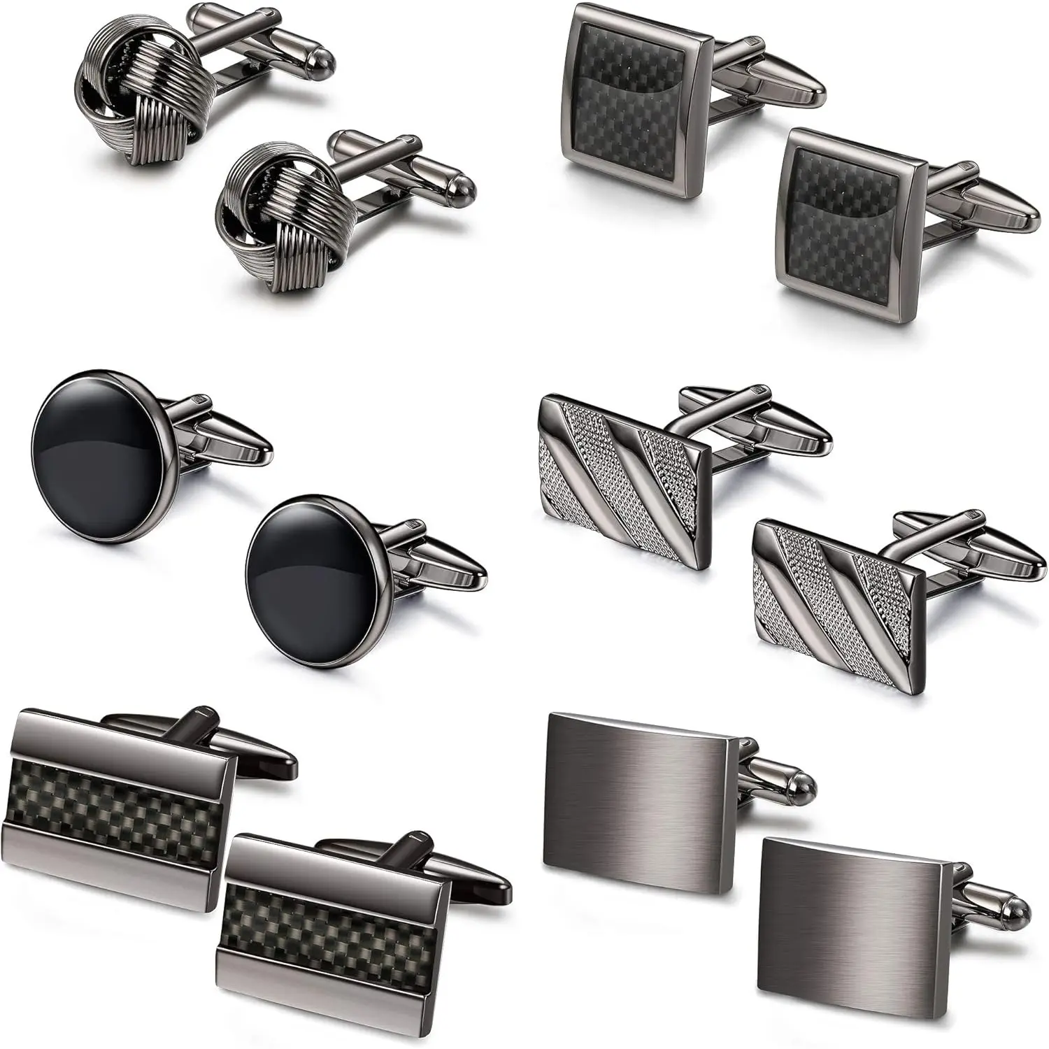 Milacolato Male Cufflinks Set, Classic Black Brass Metal Cuff Links with Flexible Back, Round-Square-Rectangle Shapes for Formalwear Business Shirts, Weddings, Groom Suits, Men’s Gift