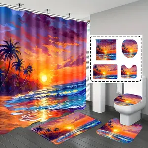 1pc/4pcs, bathroom curtains shower, bathroom set, shower curtains, Printed Shower Curtain, Waterproof shower curtain, bathroom decor, bathroom rug, bathroom mat, Sunset, Coconut Tree and Beach Pattern, Ocean Theme Decoration, with 12 hooks