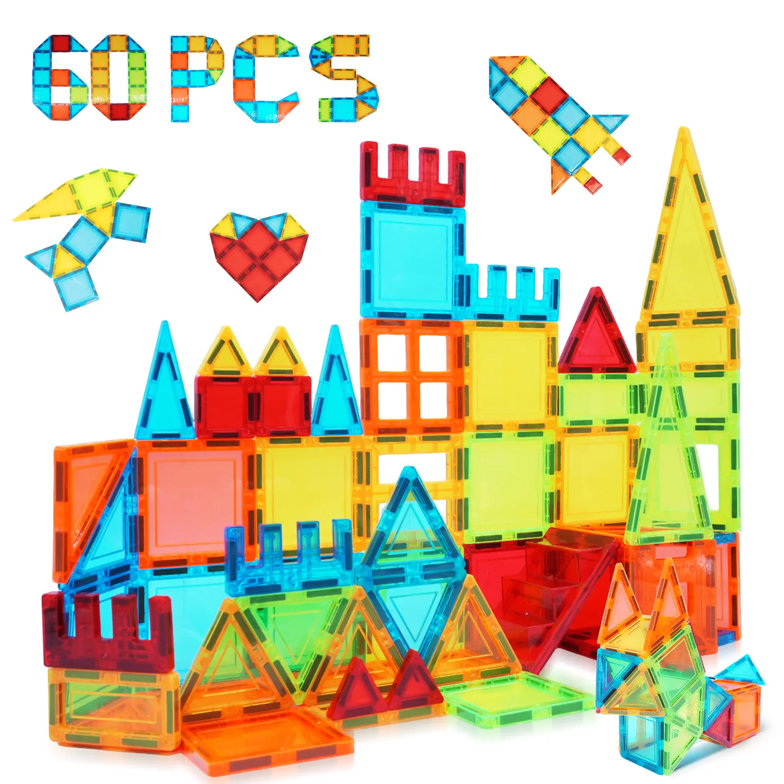 ALPHA GROUP Magnetic Building Tiles Set, 32-60PCS with 2 Cars, Toddler STEM Magnet Blocks, Kids Toys for 3-8 Year Olds, Birthday Gift