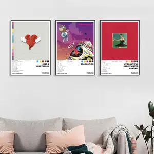 3-piece set of 808s & Heartbreak/Graduation/My Beautiful Dark Twisted Fantasy music album cover canvas posters, Canvas Material, Artwork, Artistic, hip-hop R&B style, suitable for music lovers, retro style, perfect for home spaces, Decoration, frameless