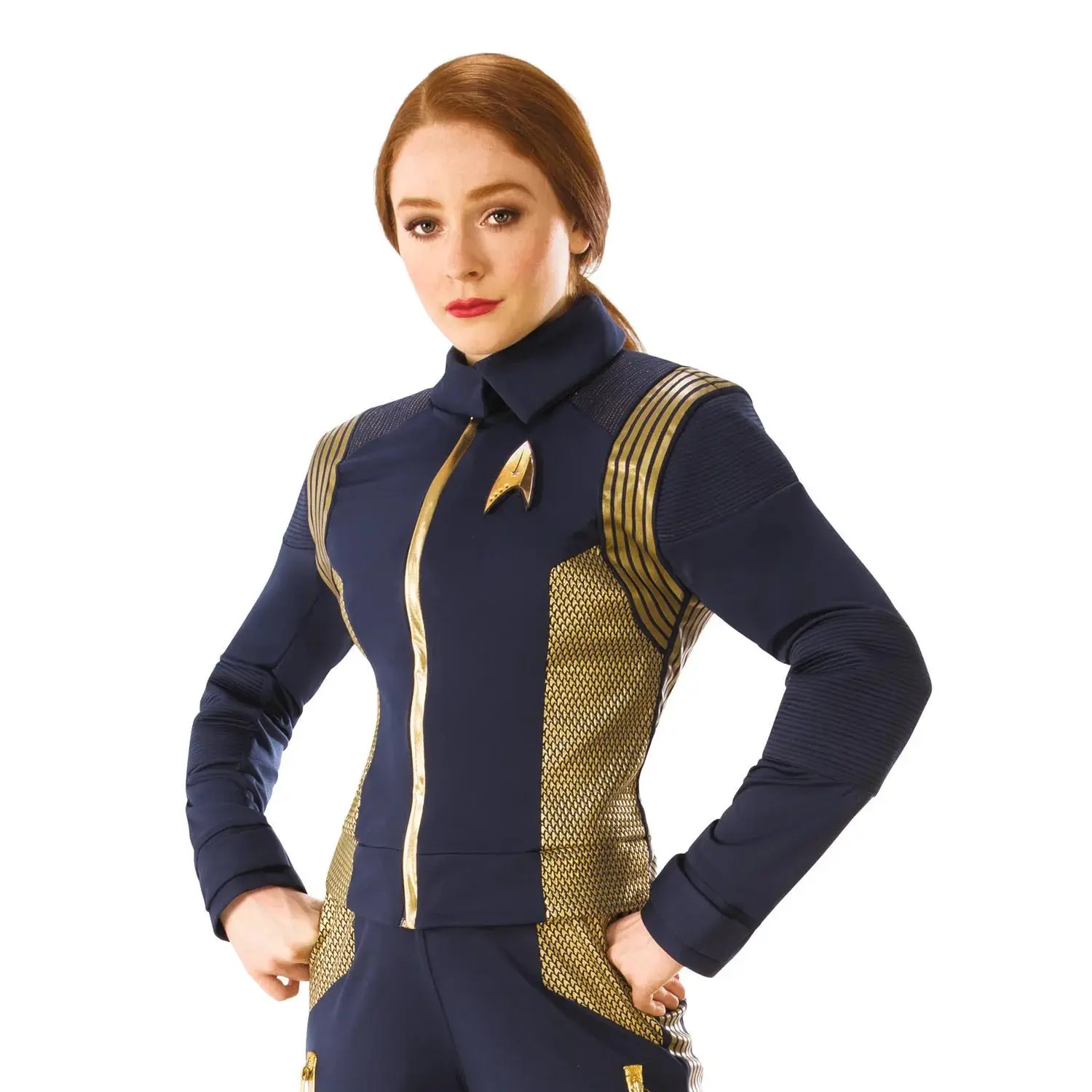 Women’s Star Trek: Discovery™ Gold Command Uniform Costume - Standard, Top, Cosplay, Women's Clothes, Clothes, Halloween Costume, Accessories, Polyester, Emblem, Command Look, Uniform Top, Polyester Clothes, Fancy Dress Party