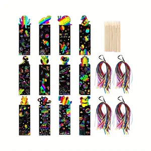 48 Pcs Animal Scratch Art Bookmark Kit with 16 Wooden Styluses & 48 Satin Ribbons for Kids Magic Rainbow DIY Craft Set for Creative Fun