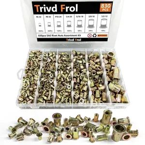 BASIC SUPPLY Rivet Nut Tool Kit, 830pcs SAE/Metric Rivet Nut Assortment Kit# 6-32,# 8-32,# 10-24, 1/4-20, 5/16-18, 3/8-16, 1/2-13, w Galvanized Carbon Flat Head Threaded Insert Nuts (SAE - 830pcs)