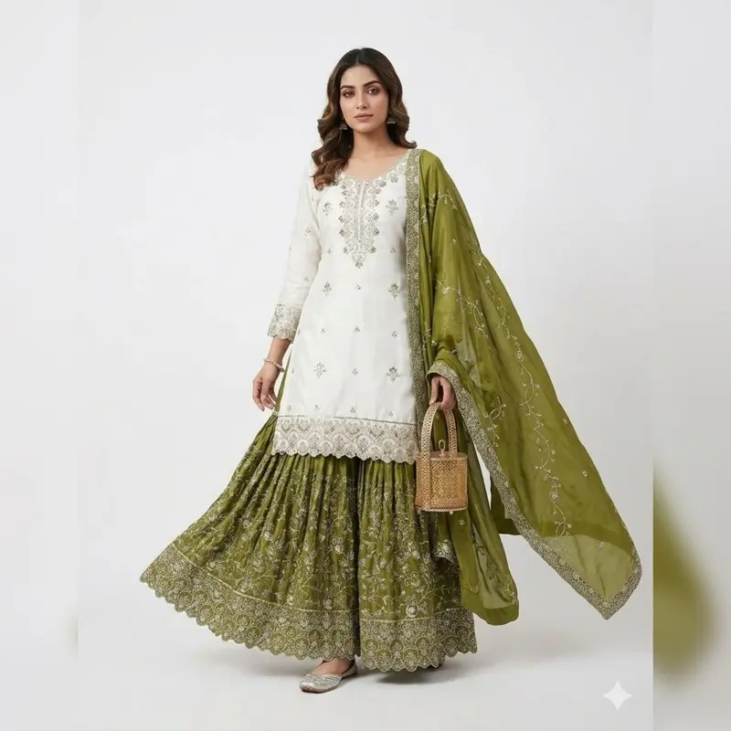 Women's Traditional Gharara Suit, 3-Piece Indian Ethnic Casual Dresses with White Top, Green Skirt, and Dupatta, Clothes, Skirtsuits